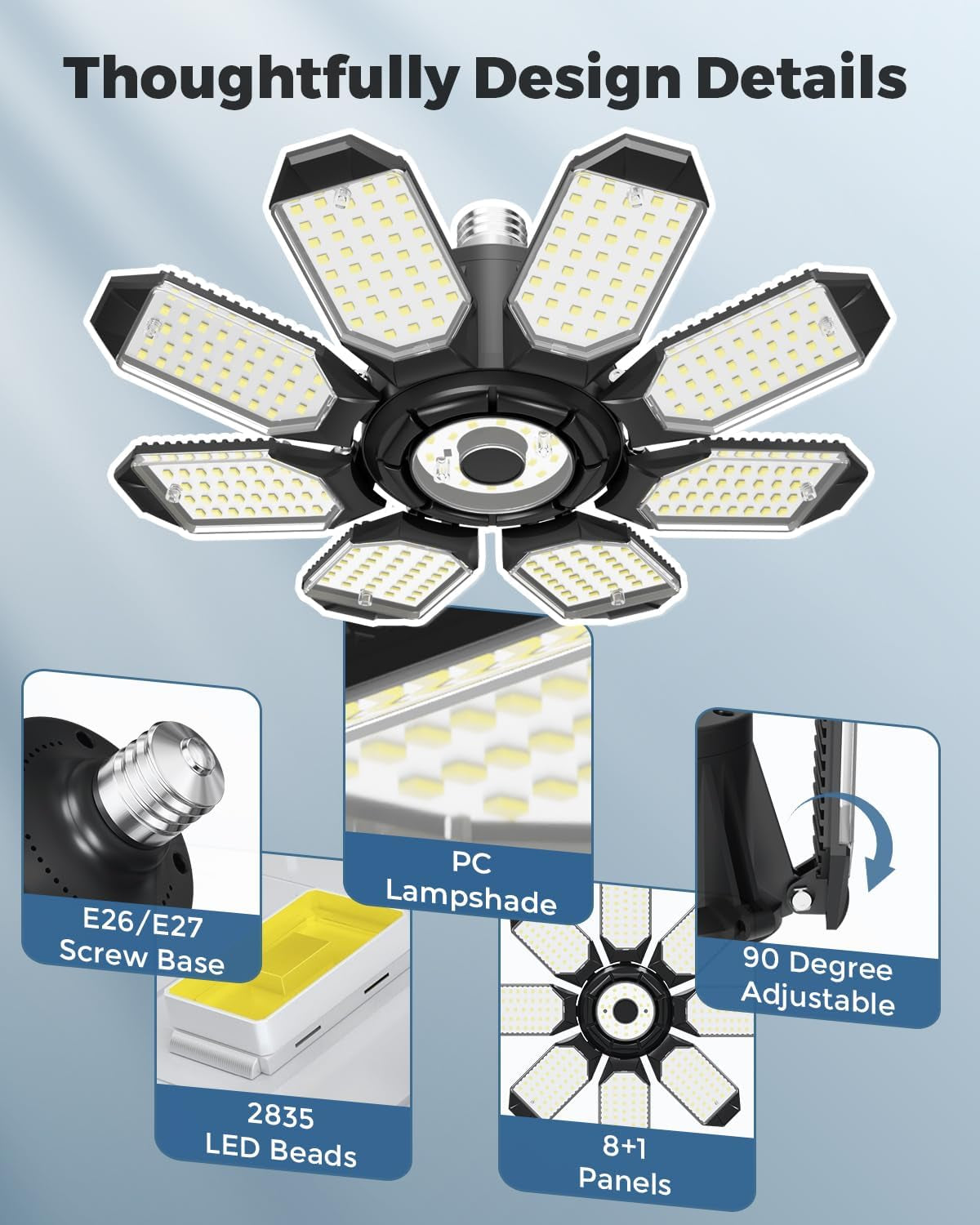 LED Garage Ceiling Lights 2 Pack W/ 8+1 Adjustable Panel, Super Bright 28000LM Deformable Basement Light Bulb Fixture Screw in E26 Socket Base for Indoor Workshop Attic Gym Bay Laundry Utility