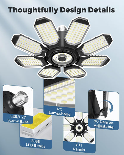 LED Garage Ceiling Lights 2 Pack W/ 8+1 Adjustable Panel, Super Bright 28000LM Deformable Basement Light Bulb Fixture Screw in E26 Socket Base for Indoor Workshop Attic Gym Bay Laundry Utility