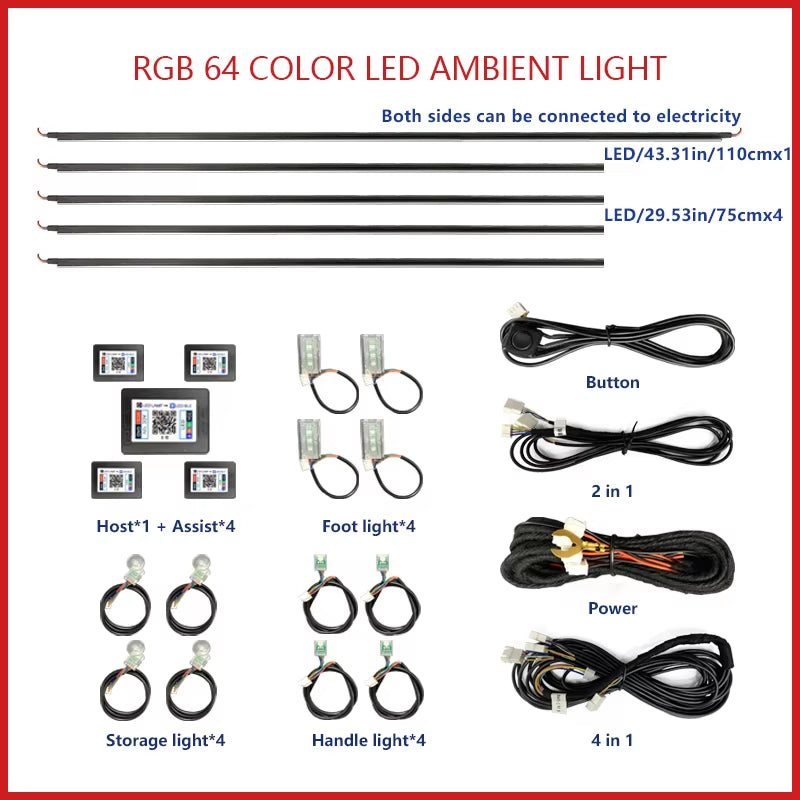 22 In1 Car Acrylic LED Ambient Lamps Universal Colorful Atmosphere Lights Auto Interior Neon Strip App Control 64 RGB Lighting