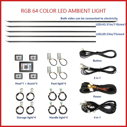 22 In1 Car Acrylic LED Ambient Lamps Universal Colorful Atmosphere Lights Auto Interior Neon Strip App Control 64 RGB Lighting