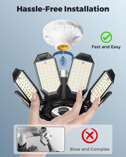 LED Garage Ceiling Lights 2 Pack W/ 8+1 Adjustable Panel, Super Bright 28000LM Deformable Basement Light Bulb Fixture Screw in E26 Socket Base for Indoor Workshop Attic Gym Bay Laundry Utility