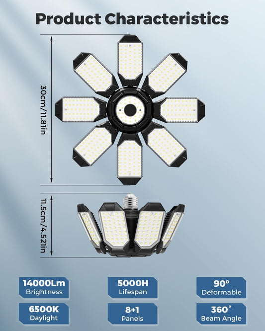 LED Garage Ceiling Lights 2 Pack W/ 8+1 Adjustable Panel, Super Bright 28000LM Deformable Basement Light Bulb Fixture Screw in E26 Socket Base for Indoor Workshop Attic Gym Bay Laundry Utility