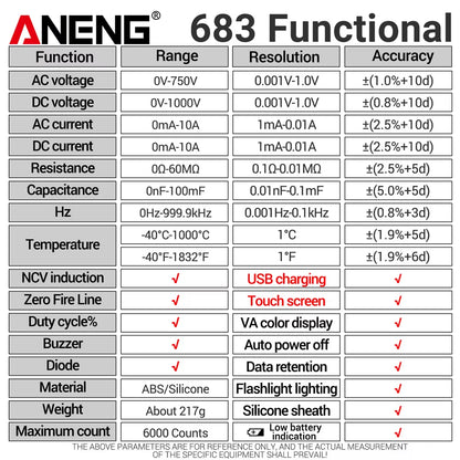 683 Smart Multimeter Rechargeable High-End Touch 6000 Counts Multimetro Test Multitester AC/DC Voltage Tester Current Tool