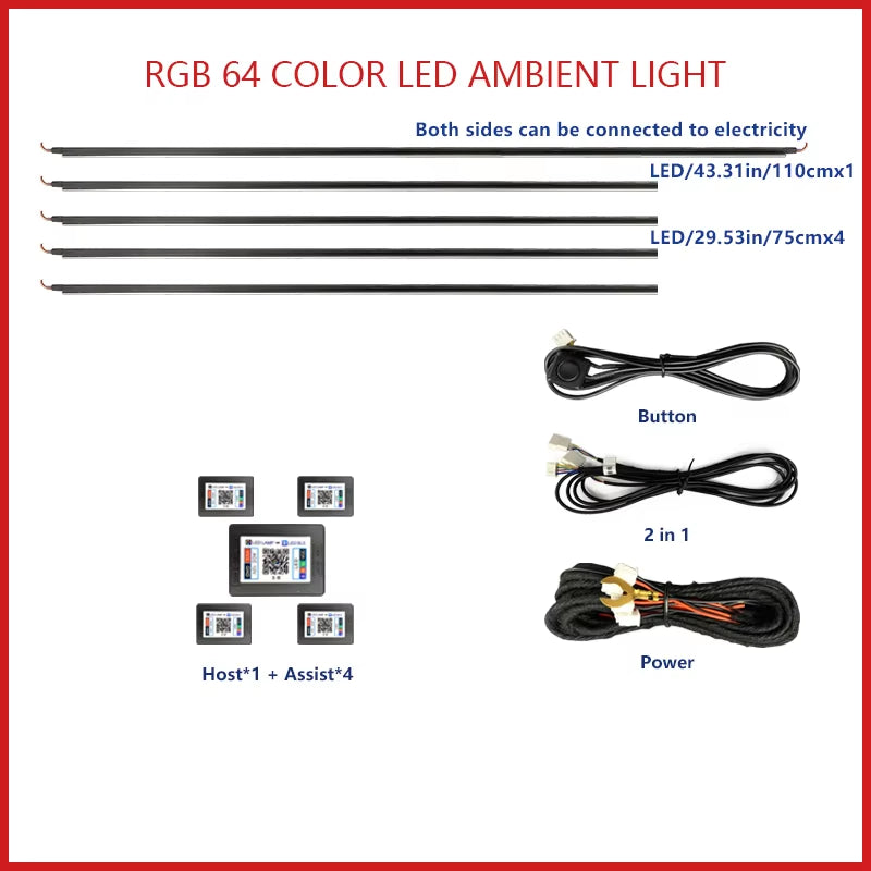 22 In1 Car Acrylic LED Ambient Lamps Universal Colorful Atmosphere Lights Auto Interior Neon Strip App Control 64 RGB Lighting