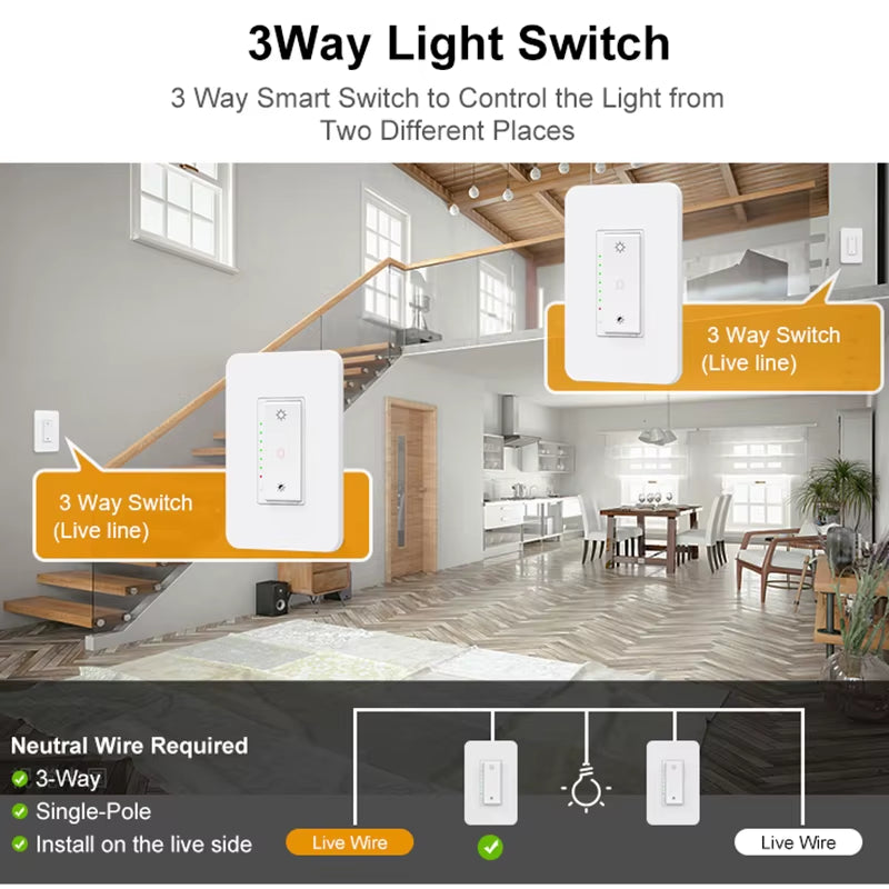 Tuya Wifi Dimmer Light Switch 3 Way One-Key Smart Dimmable Switches Voice Remote Control Works with Alexa Google Home