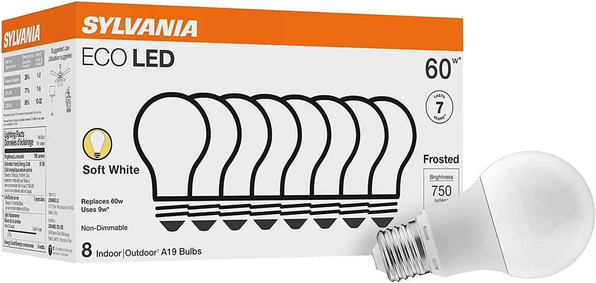 Sylvania ECO LED A19 Light Bulb, 60W Equivalent, Efficient 9W, 7 Year, 750 Lumens, Non-Dimmable, Frosted, 5000K, Daylight - 8 Pack (40883)