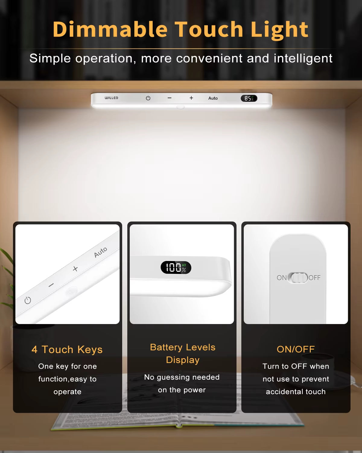 Motion Sensor Cabinet Light Battery Display 60 LED Touch Light Bar Wireless Rechargeable Battery Night Light