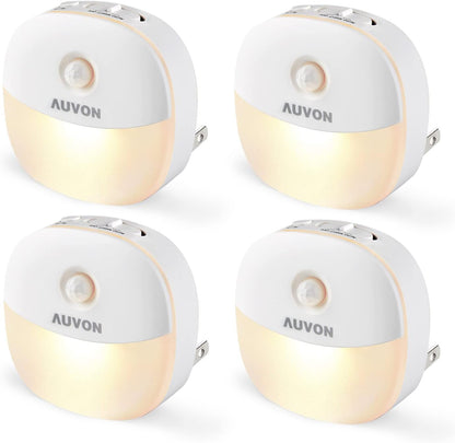 Plug in Night Light with Motion Sensor and Dusk to Dawn Sensor, Mini Warm White LED Nightlight with 1-50 Lm Adjustable Brightness for Bathroom, Hallway, Stairs, Bedroom, Kitchen, 4 Packs