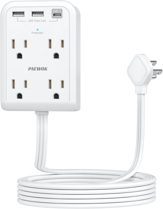 Surge Protector Power Strip with 3 USB Wall Plug(1 Type C), 4 AC Socket Wall Adapter, Electrical Outlet Extender Stick with 8 Ft Thin Extension Cord, Home Office Dorm Room Essentials, White